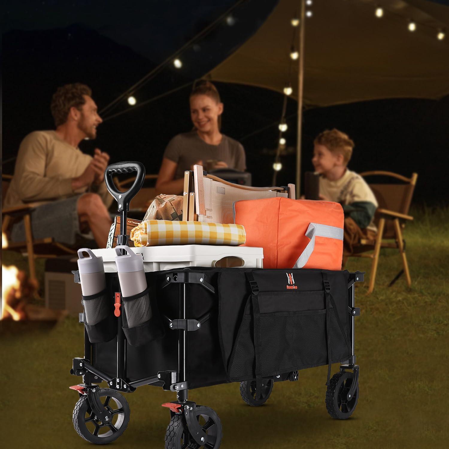 140L Collapsible Wagon Cart Foldable, Folding Utility Grocery Cart with Side Pocket and Brakes for Shopping, Sports, Camping and Garden, Black