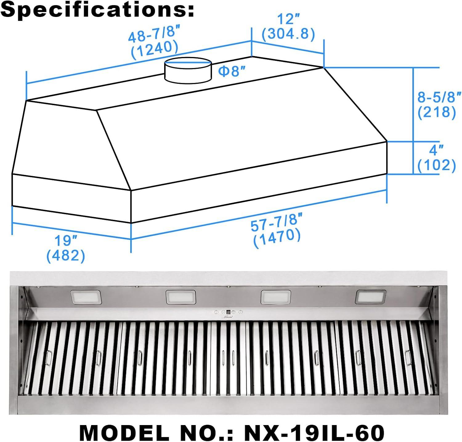Akicon Range Hood Insert 60 Inch, 1200 CFM Built-in Kitchen Hood with 4 Speeds, Ultra-Quiet Stainless Steel Ducted Vent Hood Insert with Dimmable LED Lights and Dishwasher Safe Filters