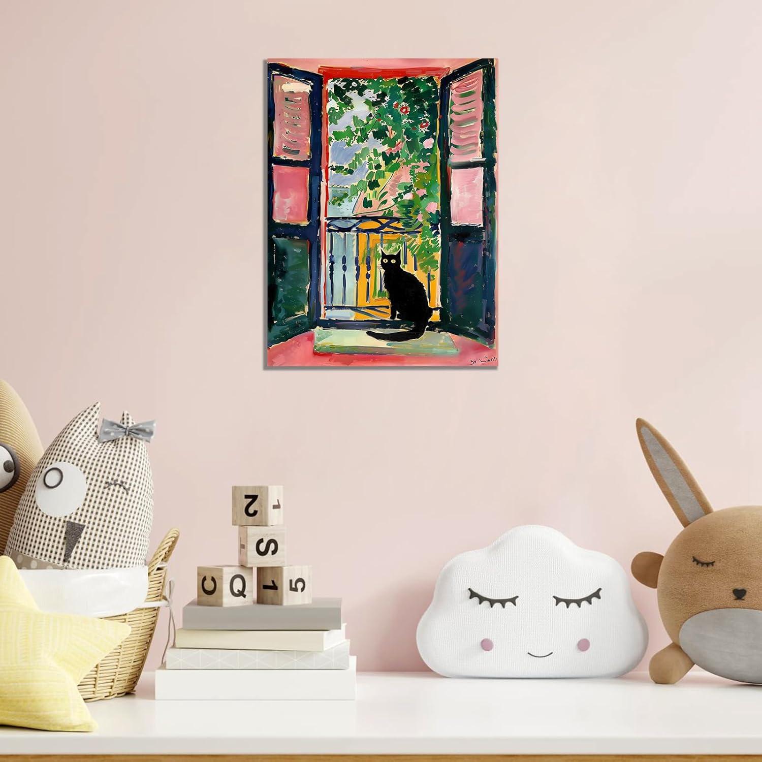 Henri Matisse Oil Paintings on Canvas Wall Art Matisse Famous Open Window Black Cat Poster Funny Cat Floral Print Colorful Farmhouse Gallery Aesthetic Room Decor for Bedroom Bathroom 12x16in Unframed