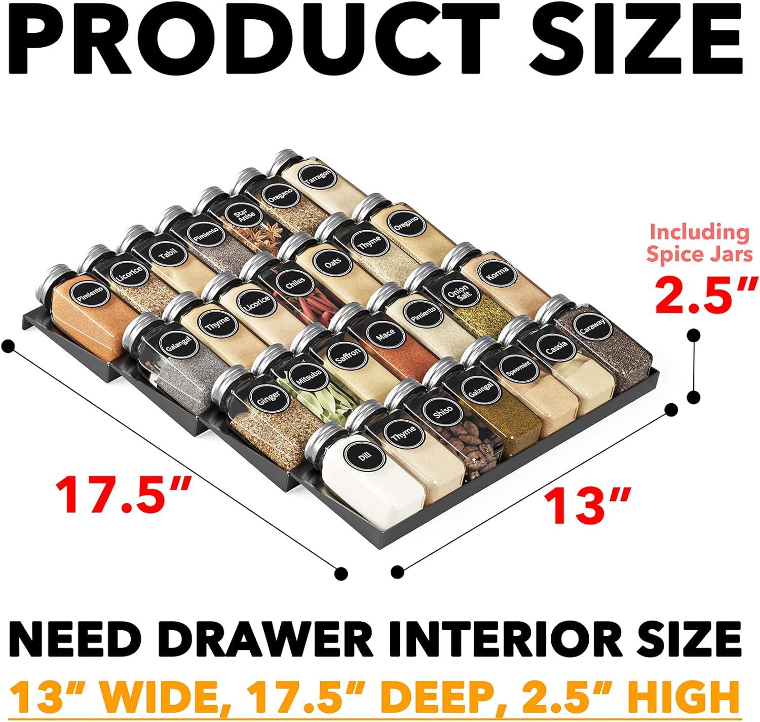 Spice Drawer Organizer with 28 Spice Jars - 4-Tier Seasoning Rack Tray Insert, 386 Spice Labels, 13" Wide x 17.5" Deep