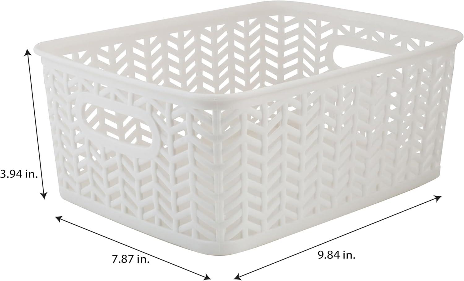 Simplify 3 Pack Small Herringbone Plastic Storage Basket with Handles in White