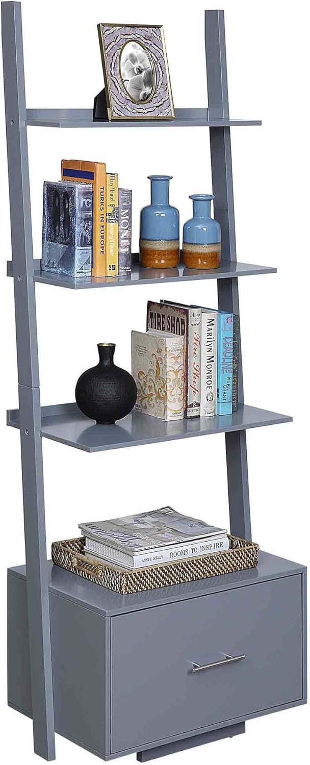 Convenience Concepts American Heritage Ladder Bookcase with File Drawer, Gray