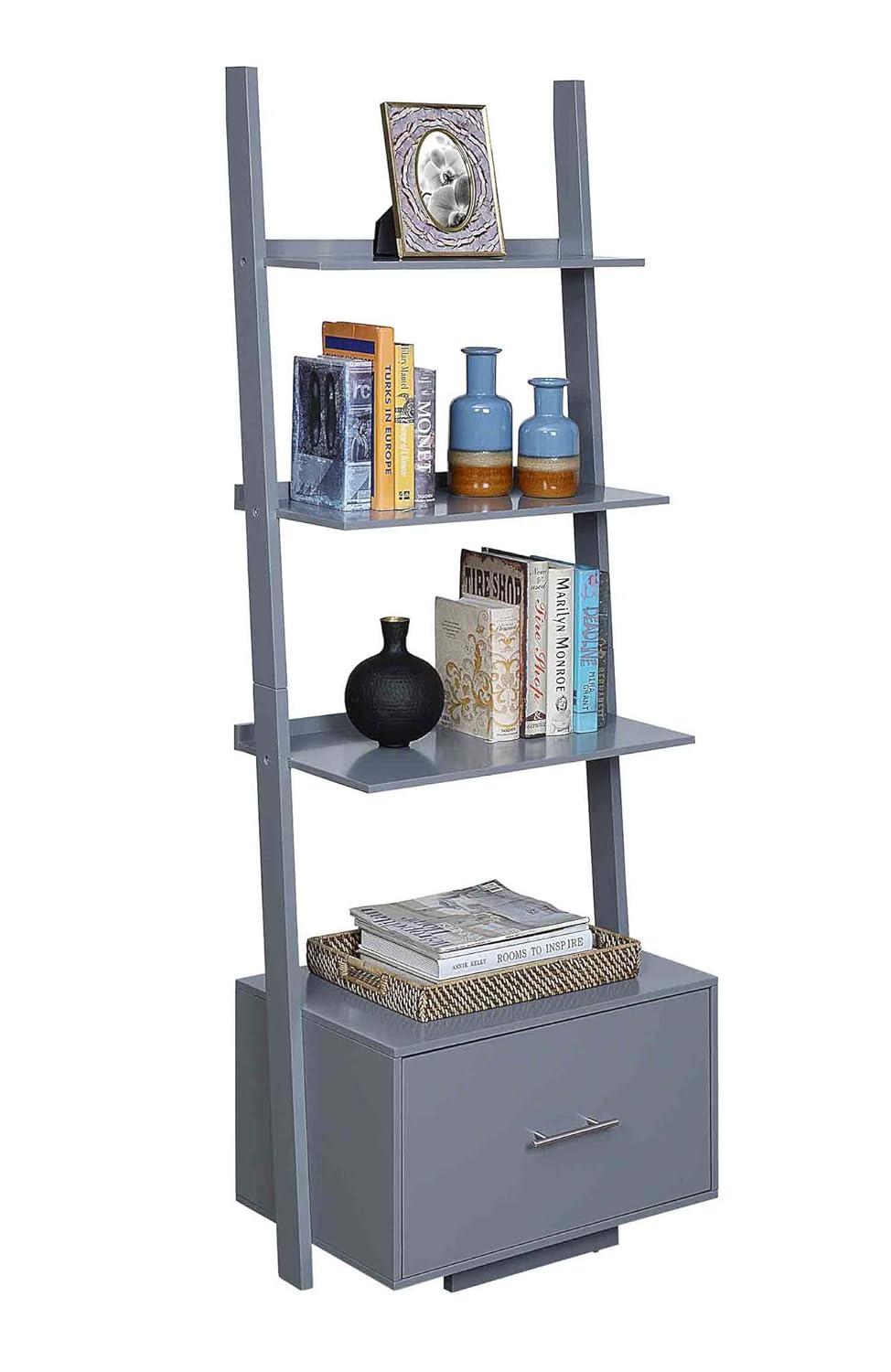 Convenience Concepts American Heritage Ladder Bookcase with File Drawer, Gray