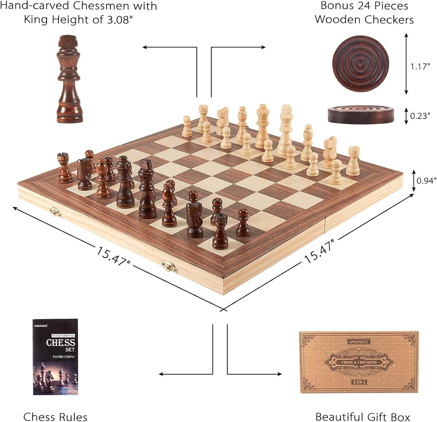 KiddiTouch 15 inch Magnetic Wooden Chess Set 2 in 1 Folding Chess Board Travel Chess Games for Adults and Kids-2 Extra Queen Pieces