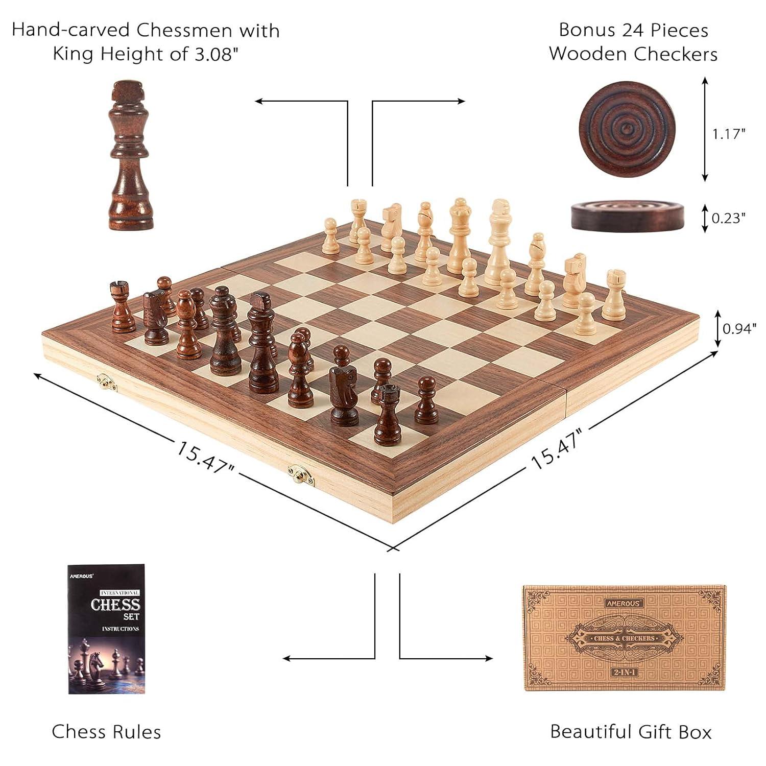 KiddiTouch 15 inch Magnetic Wooden Chess Set 2 in 1 Folding Chess Board Travel Chess Games for Adults and Kids