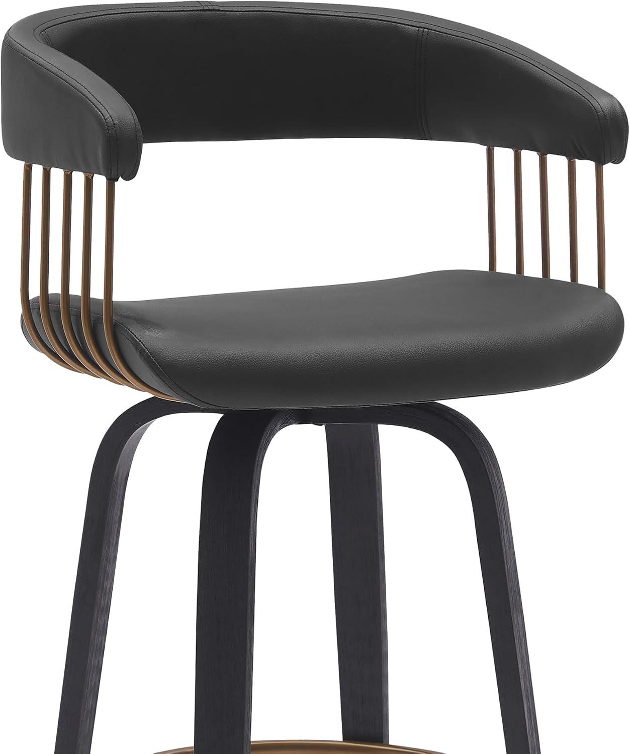 Topanga 26" Swivel Black Wood Counter Stool in Black Faux Leather with Golden Bronze Metal