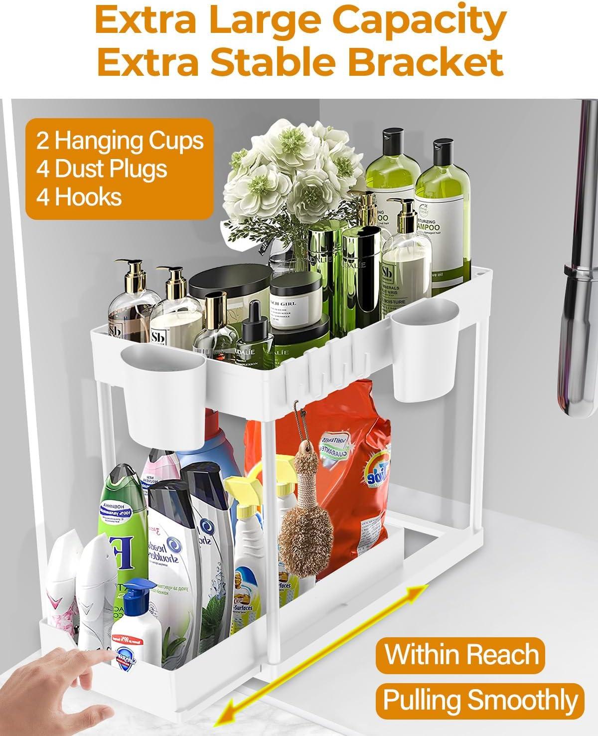 DILEASIR 2 Pack Kitchen Under Sink Organizer, with Hooks, Hanging Cup, for Bathroom, Laundry room, White