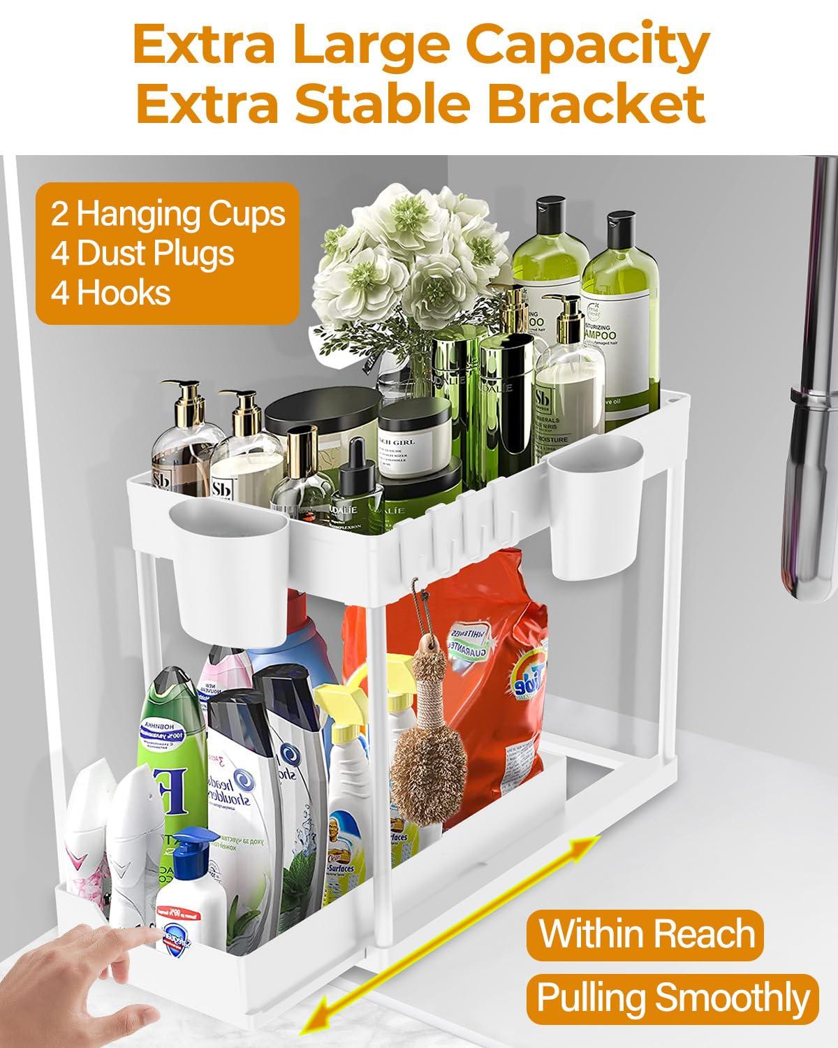 DILEASIR 2 Pack Kitchen Under Sink Organizer, with Hooks, Hanging Cup, for Bathroom, Laundry room, White