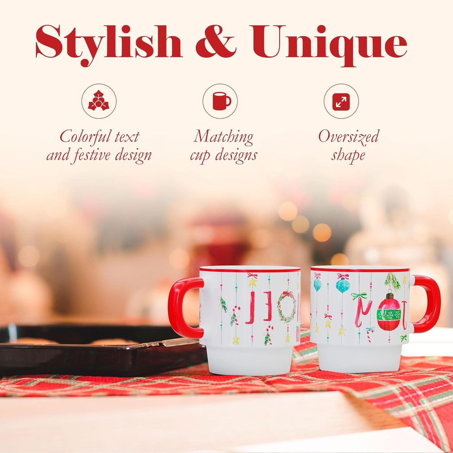 American Atelier 14 Oz Mug Set with Rack (Set of 4) - Stackable Ceramic Mugs, Holiday-Themed Coffee Cup Set for Coffee, Tea, Hot Chocolate - Microwave & Dishwasher Safe, Mug Set for Coffee Lovers