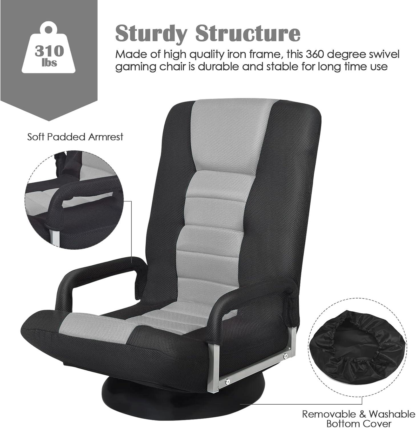 360-Degree Swivel Gaming Floor Chair with Foldable Adjustable Backrest Grey