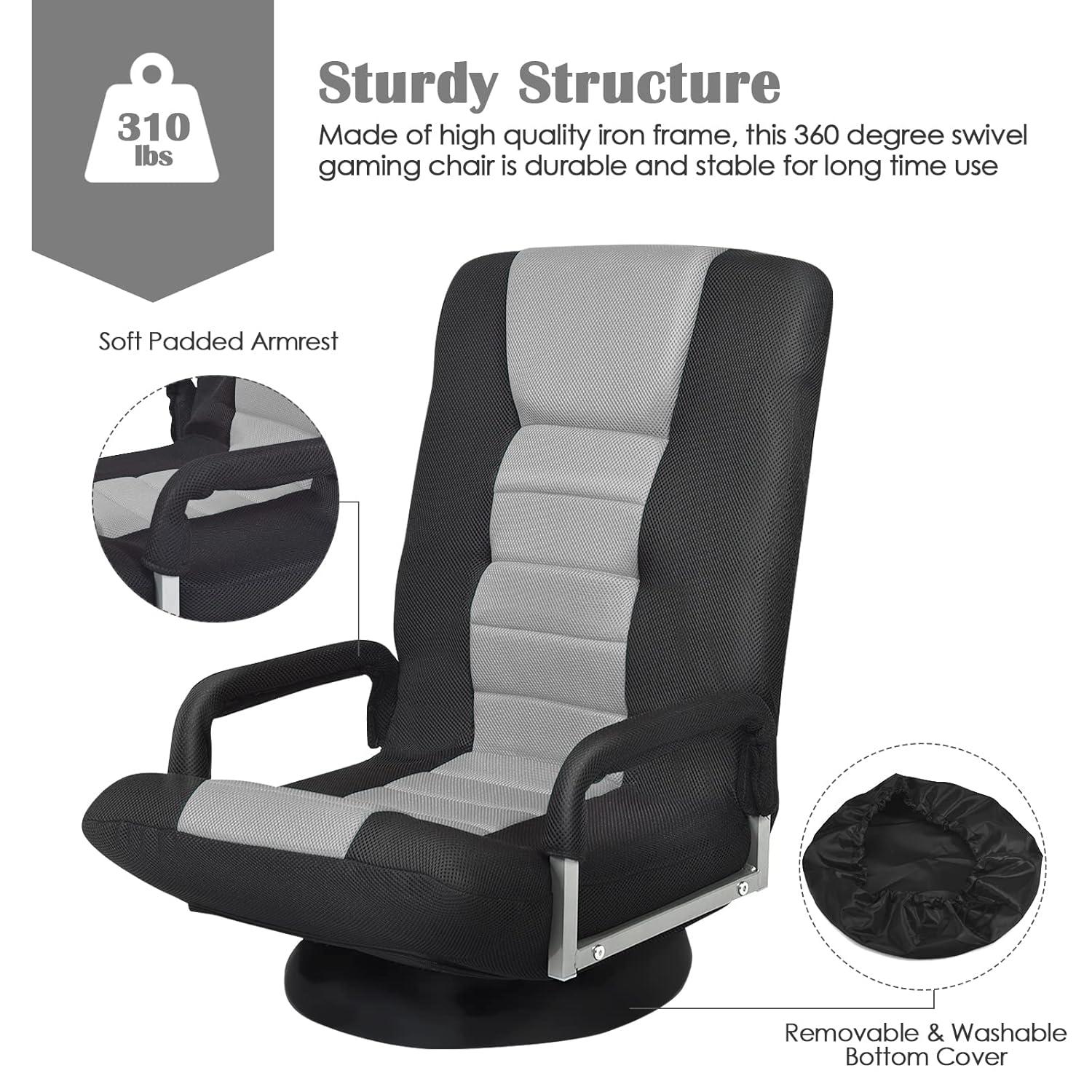 360-Degree Swivel Gaming Floor Chair with Foldable Adjustable Backrest Grey