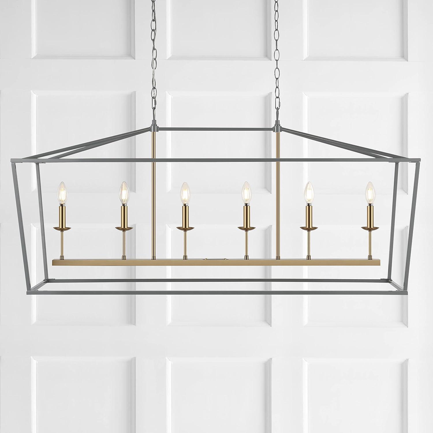 Pagoda 49" Linear 6-Bulb Classic Traditional Metal LED Pendant, Gray/Brass Gold