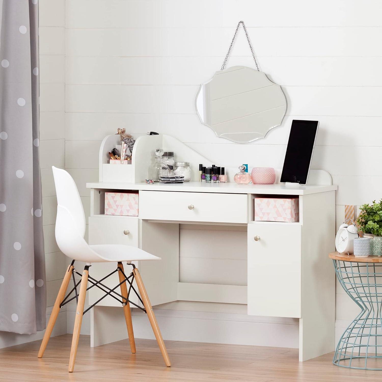 Vito Kids' Makeup Desk with Drawer Pure White/Pink - South Shore: Modern Vanity Table for Teens, Wood Laminate Frame