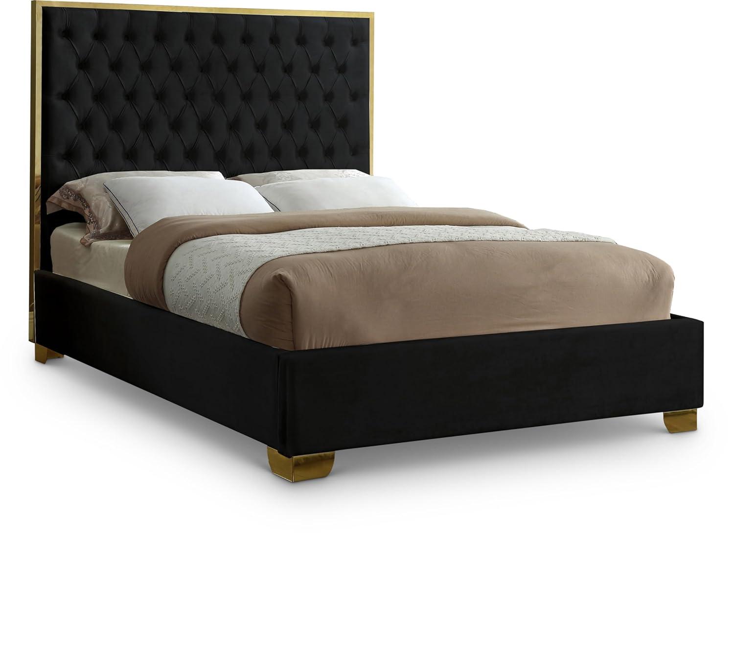 Lana Black Velvet Queen Bed-Color:Black Velvet,Finish:Gold,Style:Contemporary