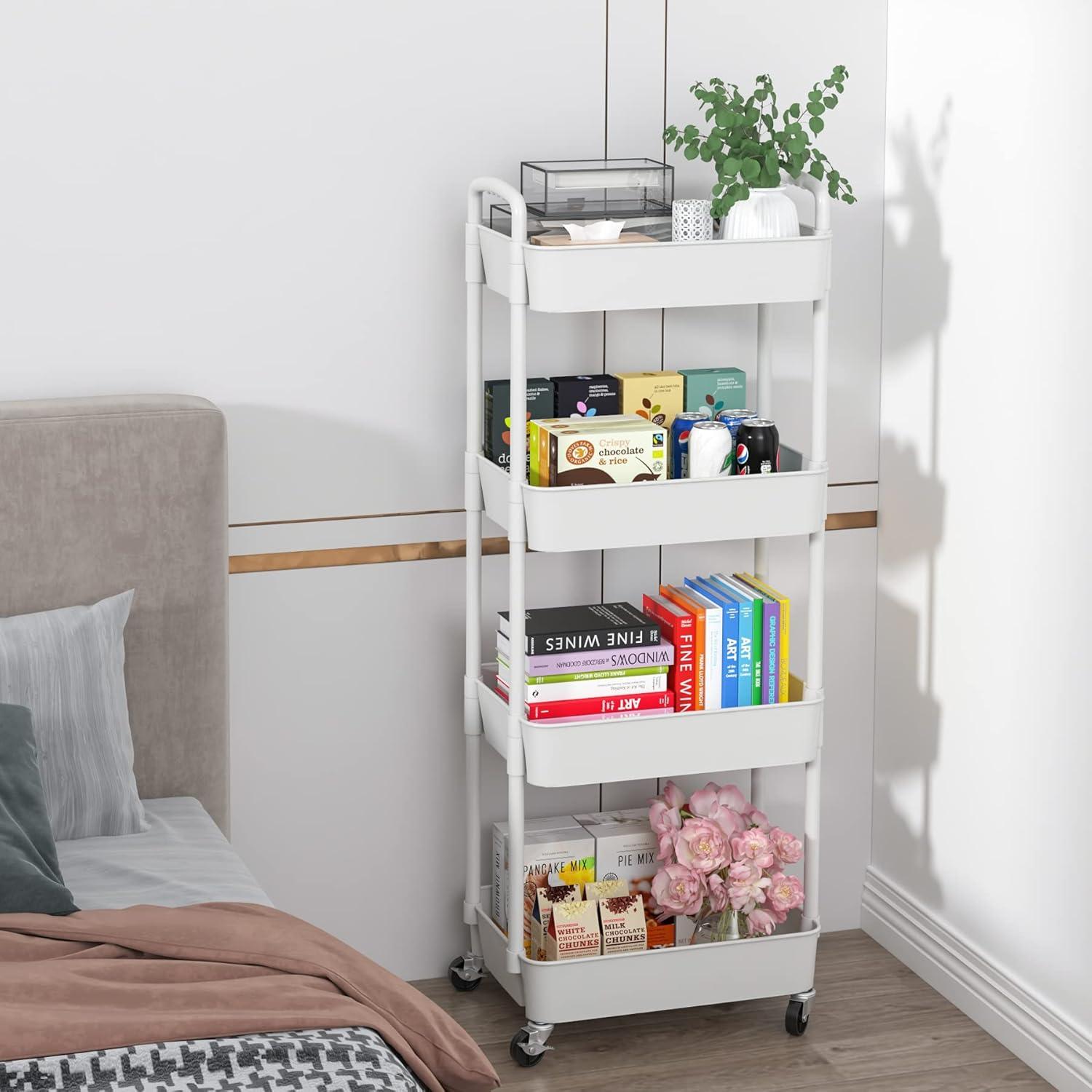 White 4-Tier Plastic Rolling Kitchen Storage Cart with Handle