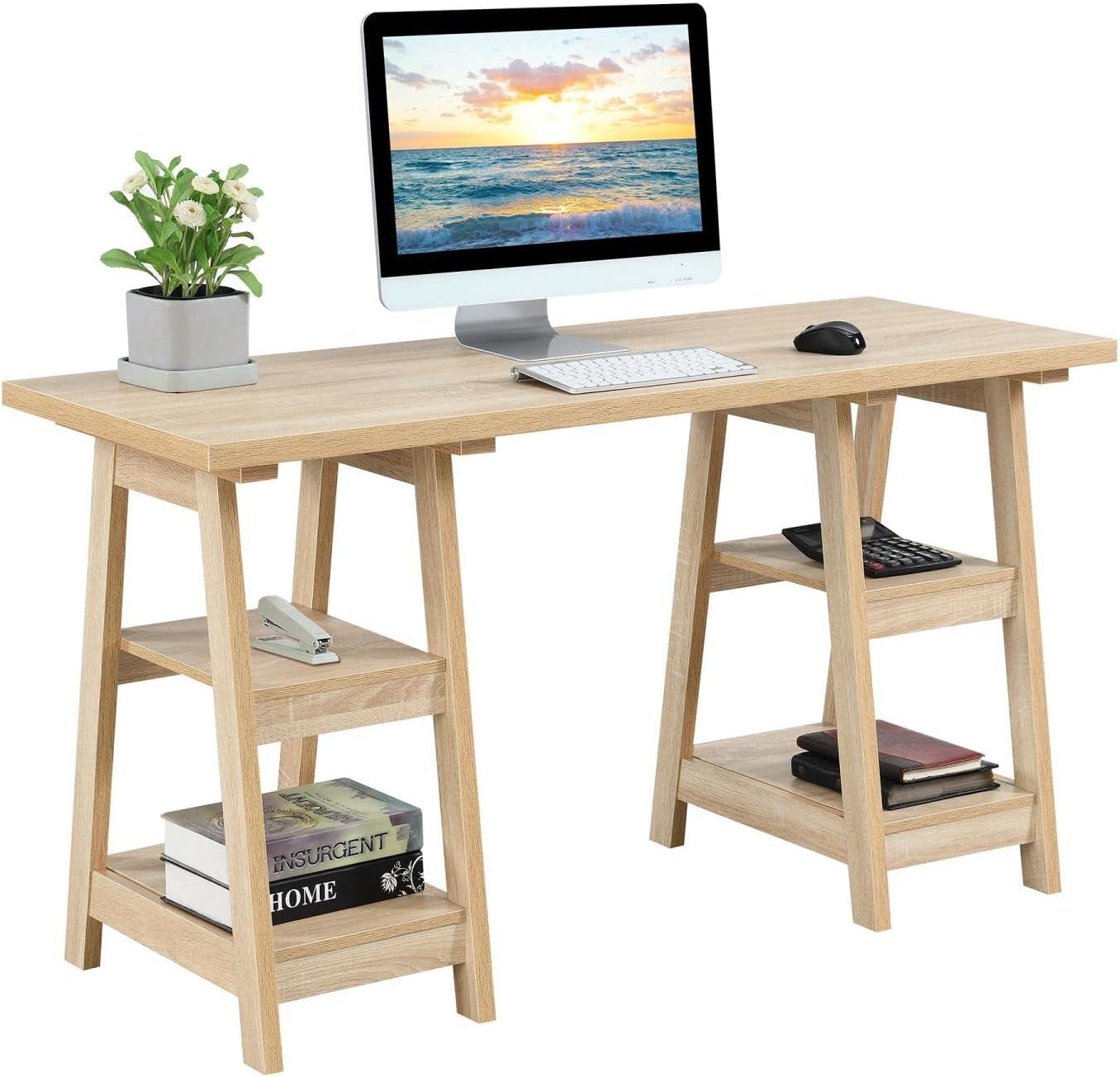 Convenience Concepts Designs2Go 29.25" Double Trestle Desk with Shelves, Weathered White, All Ages