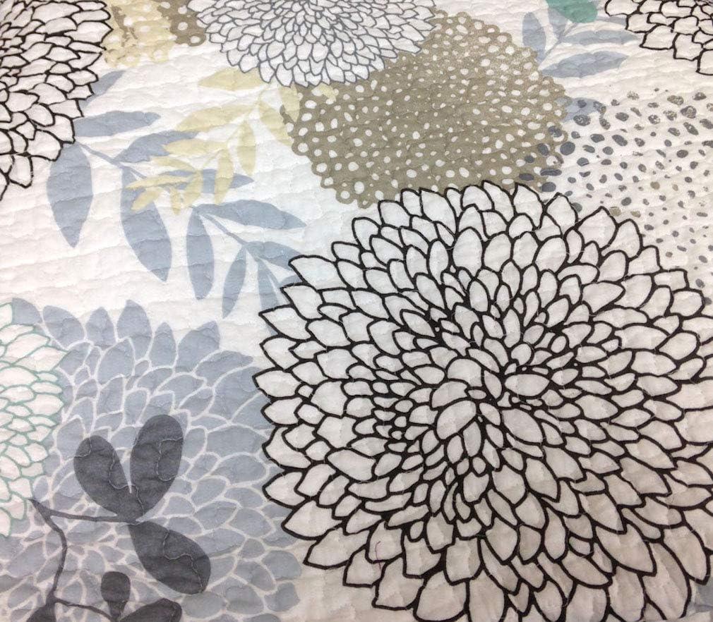 Finely Stitched Carolina Floral Quilt Set - Garden Blooms of Blue Gray Teal Taupe and Tan Flowers - King