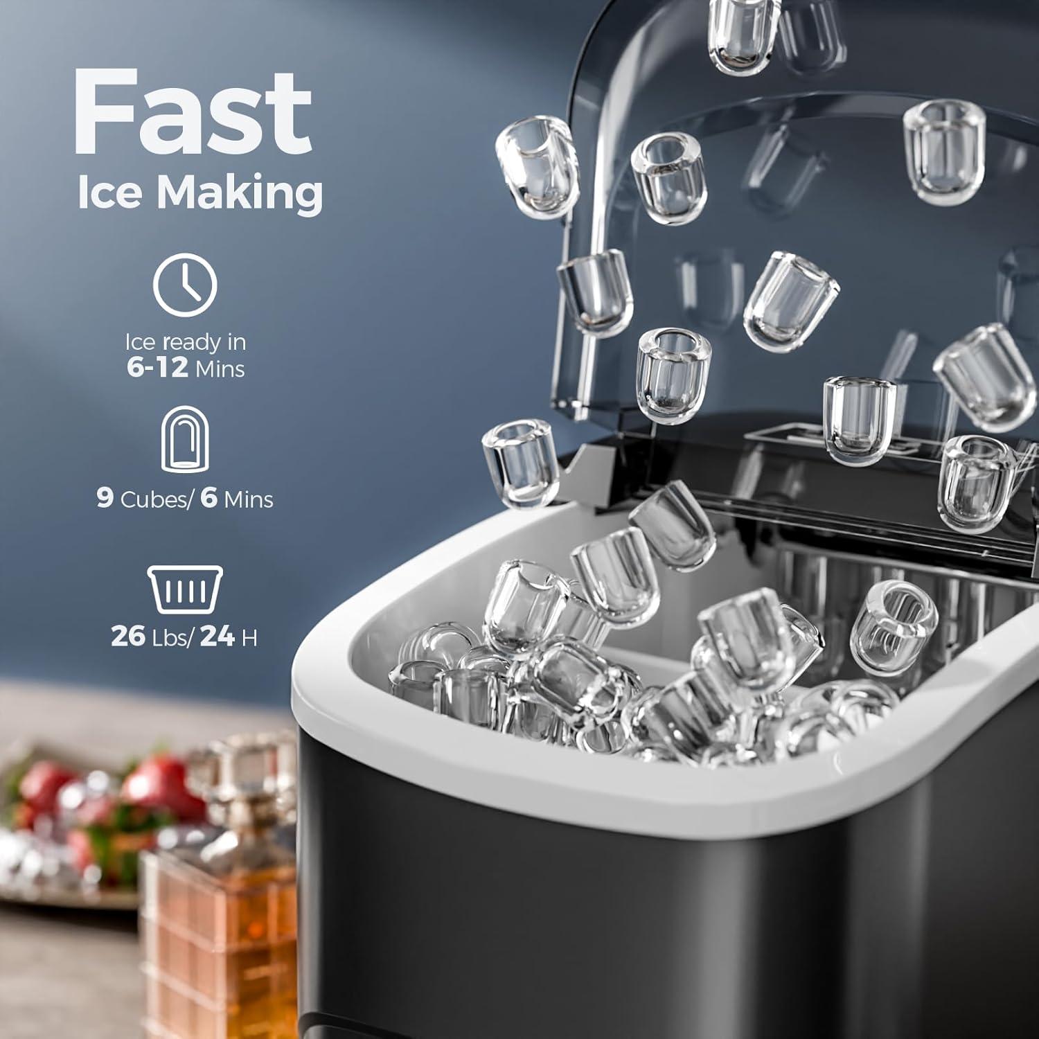 KISSAIR Countertop Ice Maker, Portable Ice Machine with Self-Cleaning, 26Lbs/24H, 9 Ice Cubes Ready in 6 Mins, for Home/Kitchen/Bar, Black