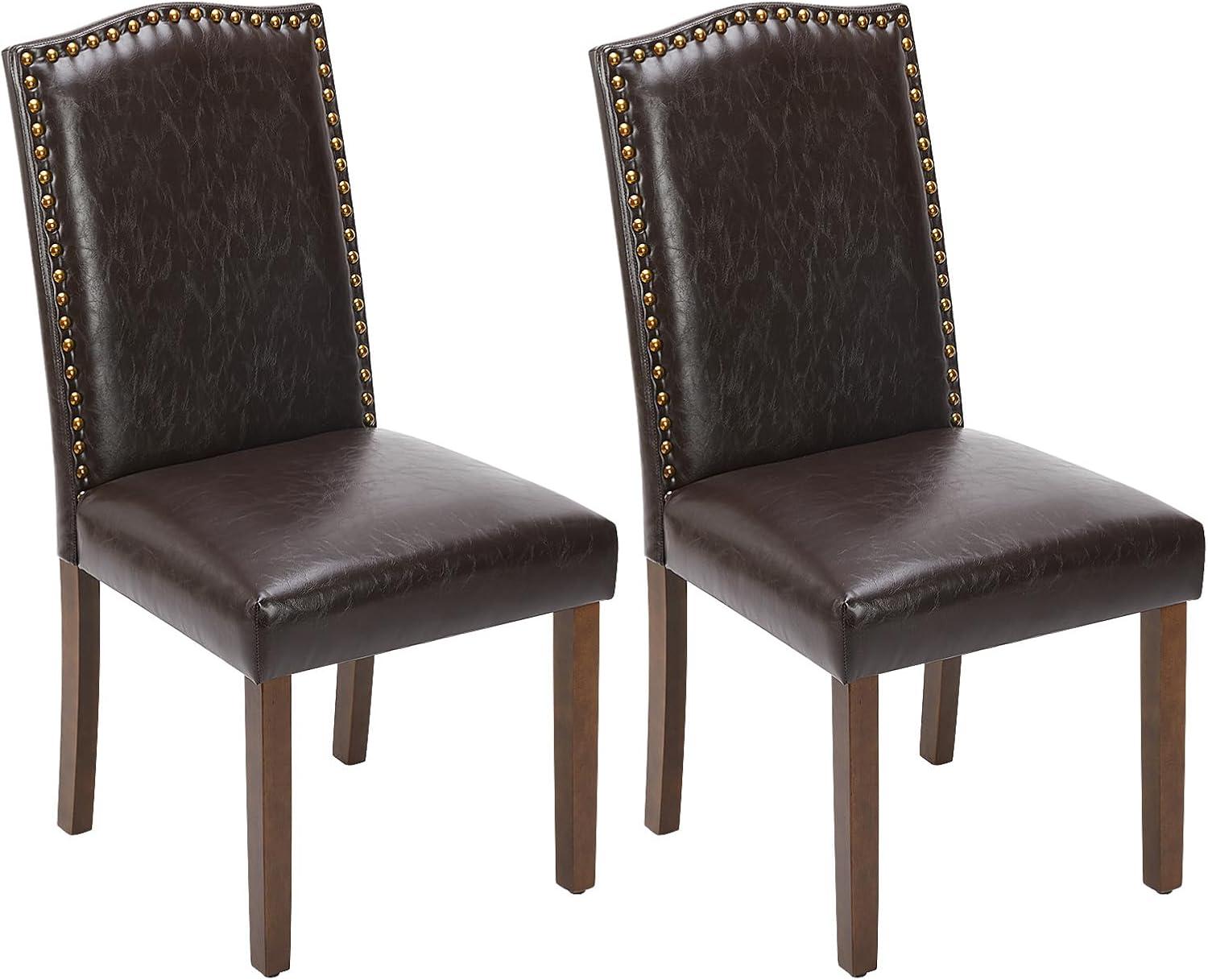 Brown Upholstered Leather Side Chair with Nailhead Trim