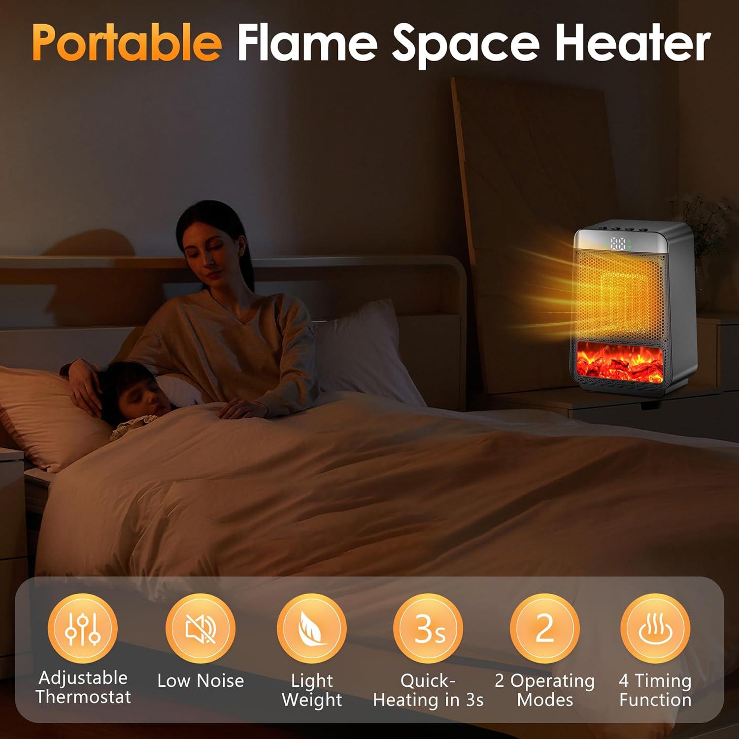 Portable Space Heater For Indoor - Small Electric Flame Heaters With Thermostat - PTC Fast Heating Ceramic Room Heater With Dynamic Ambient Lighting For Bedroom, Office And Camping Use