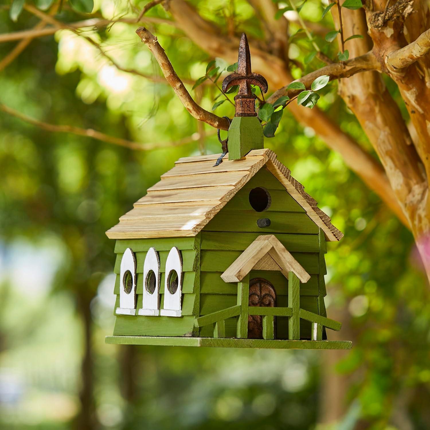 Green Hand Painted Wood Birdhouse with Distressed Details