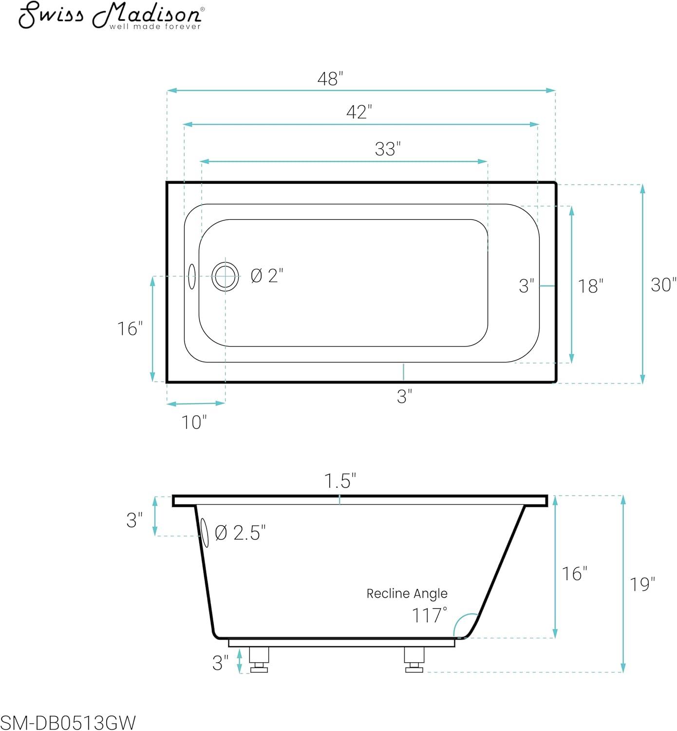 Voltaire 48" X 30" Reversible Drain Drop-In Bathtub