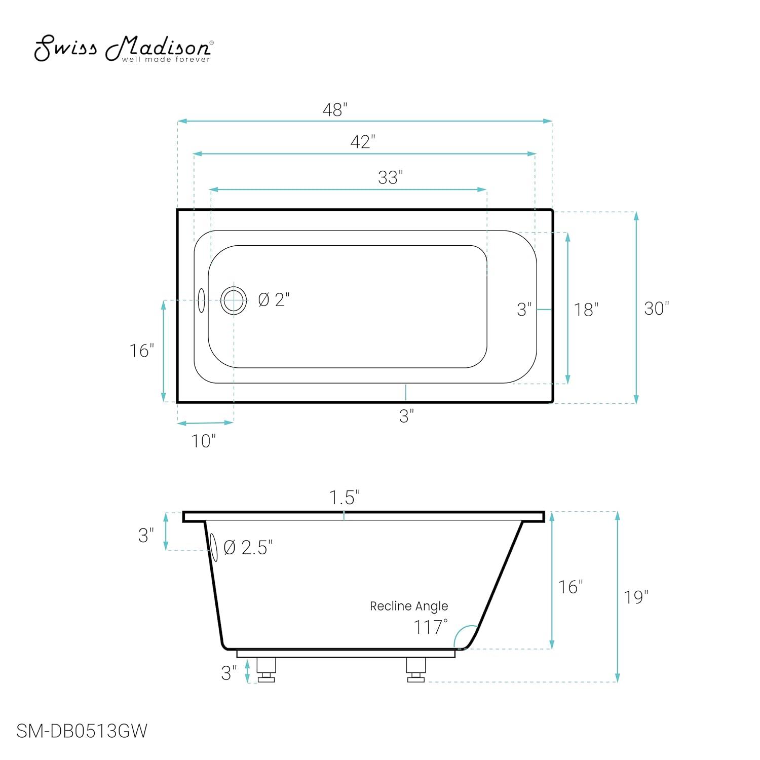 Voltaire 48" X 30" Reversible Drain Drop-In Bathtub