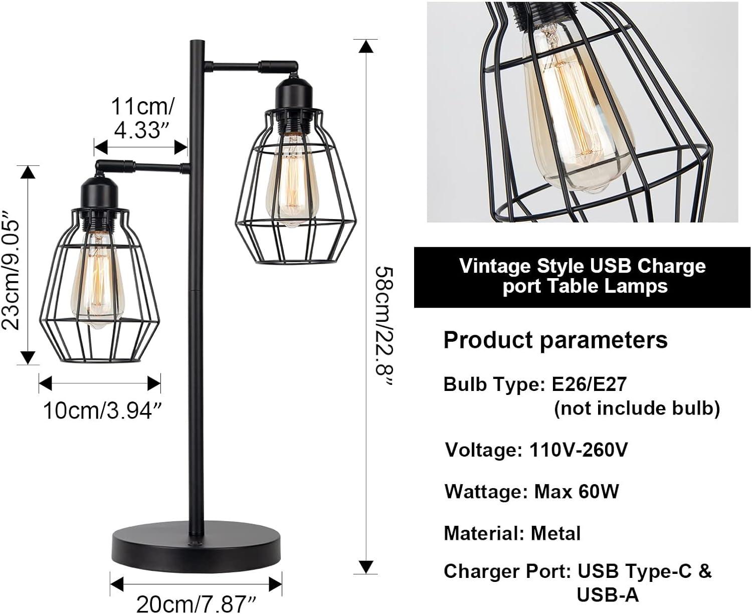 Set of 2 Black Metal Cage Industrial Table Lamps with USB Ports