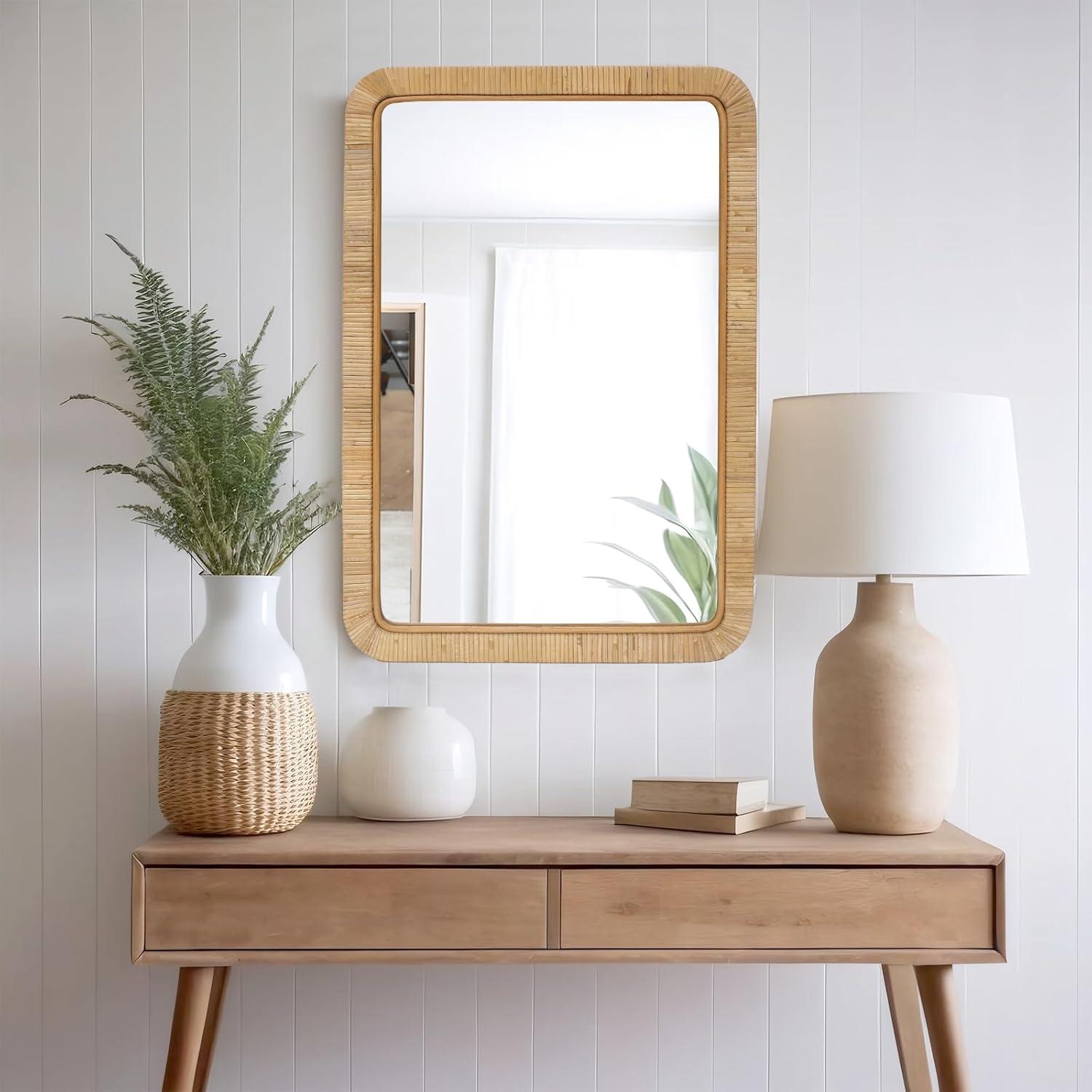 Barnyard Designs Rattan Bathroom Mirror – Rustic Farmhouse Style Handmade Wicker Rattan Frame - Boho Mirror for Nursery Wall Décor (20" x 30", Rectangular)