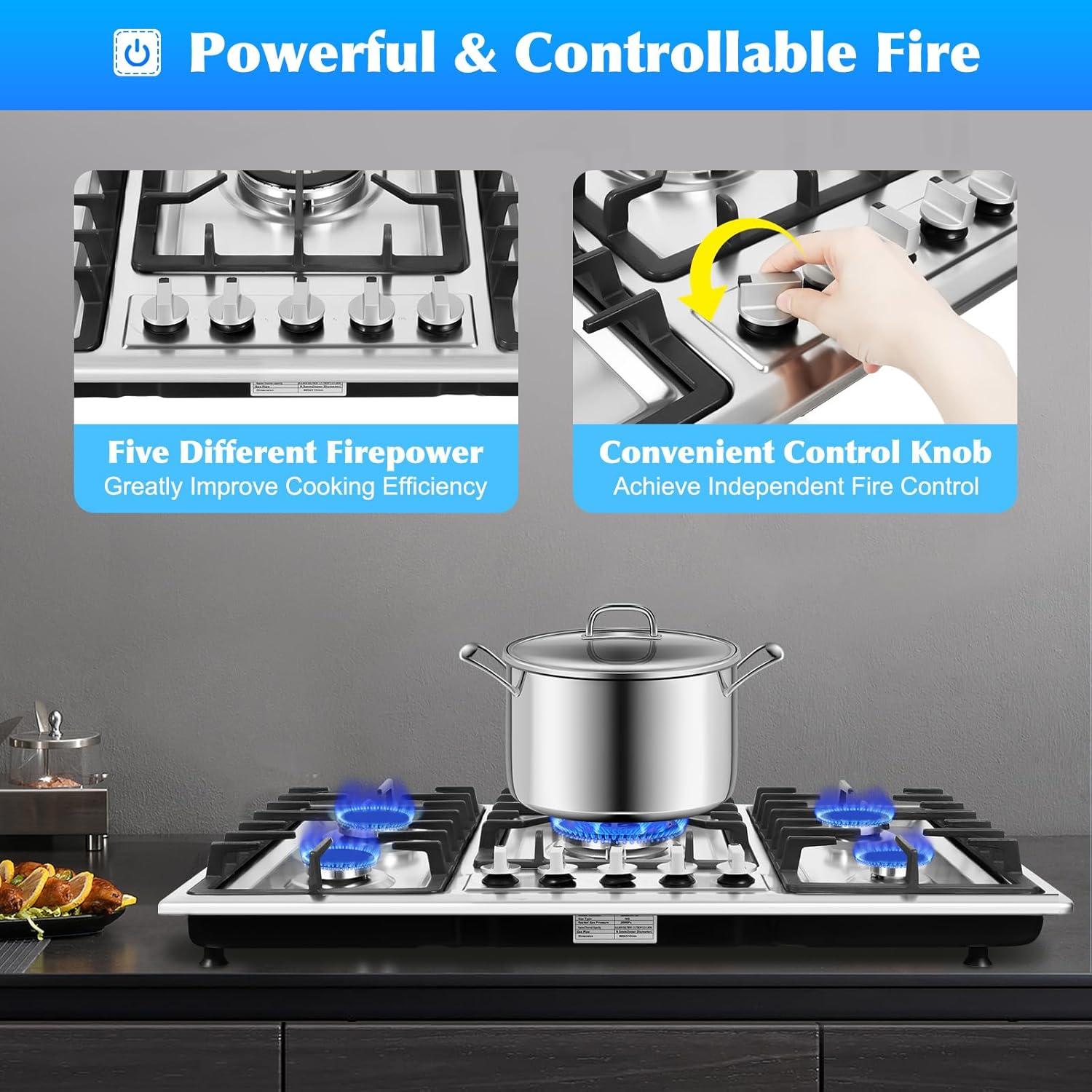 Built-in Stove Hob LPG/NG Gas 5 Burner Cooker Stainless Steel Gas Cooktop 34"