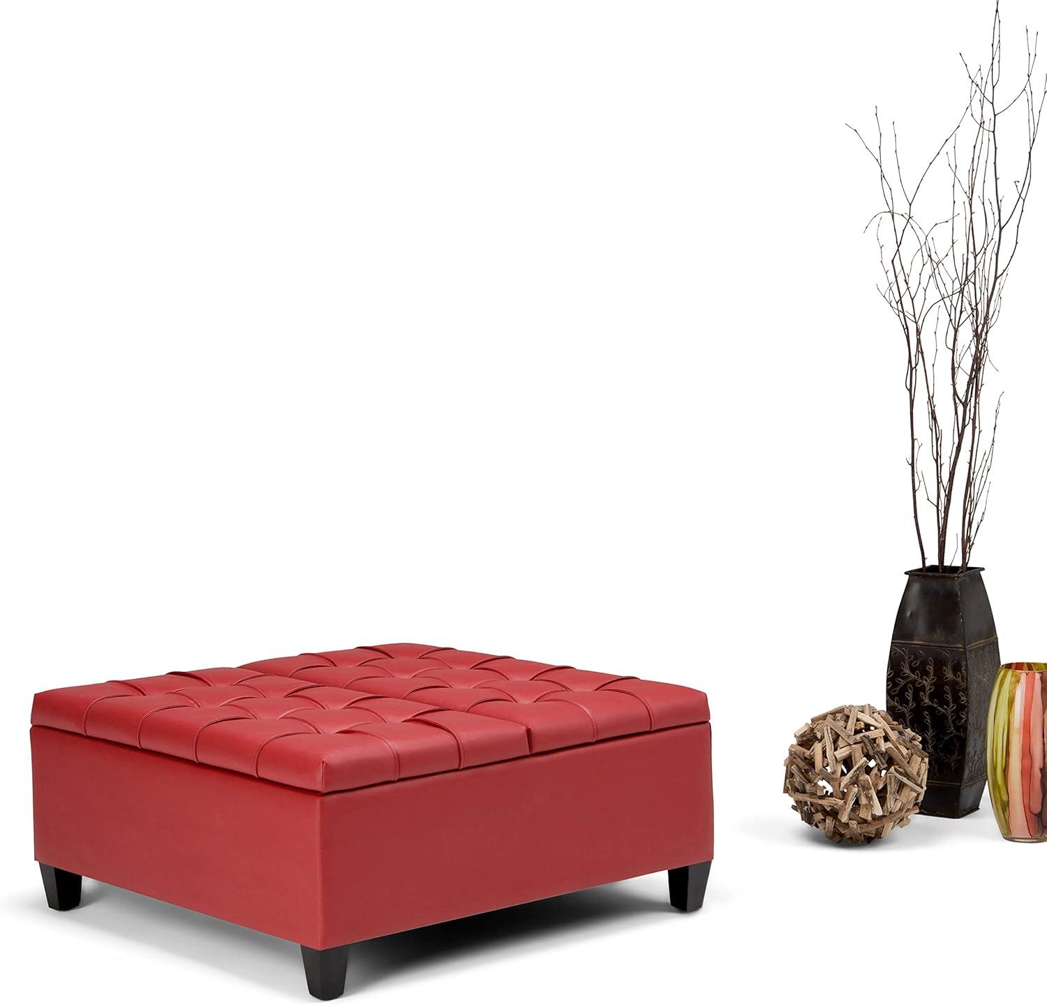 Simpli Home Harrison 36"W Upholstered Square Coffee Table Storage Ottoman with Split Lift Top