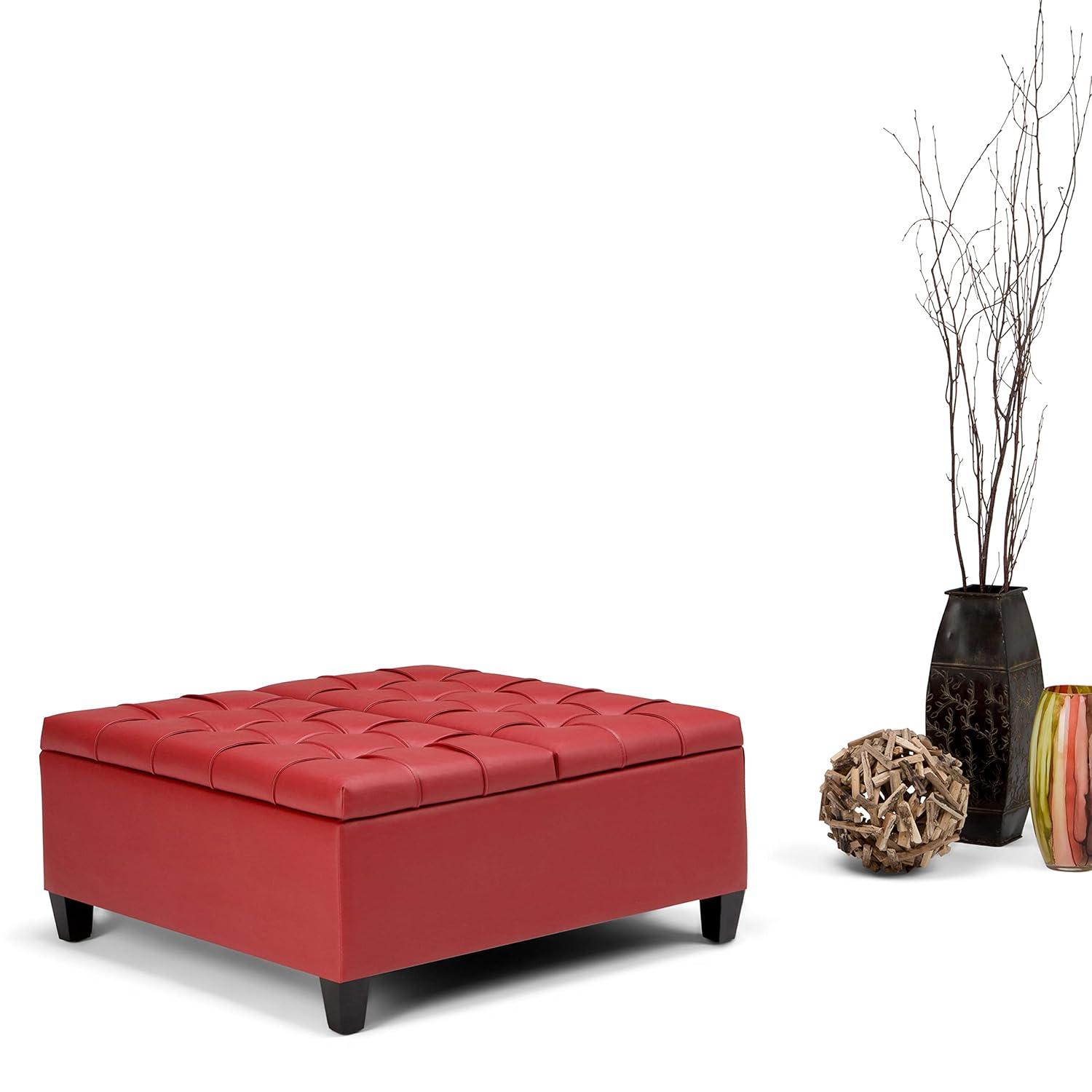Simpli Home Harrison 36"W Upholstered Square Coffee Table Storage Ottoman with Split Lift Top