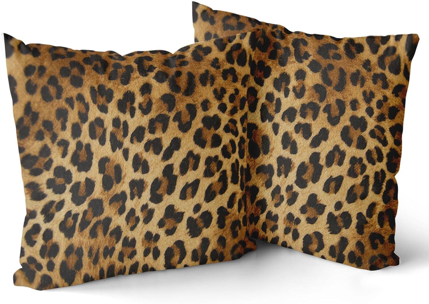 Brown Leopard Throw Pillow Cover - 2 Pcs Cheetah Pillow Case 20x20 inch Cotton Soft Animal Print Pillows Covers Decorative Cushion Cover for Home Couch Bed Sofa Double Side Printed