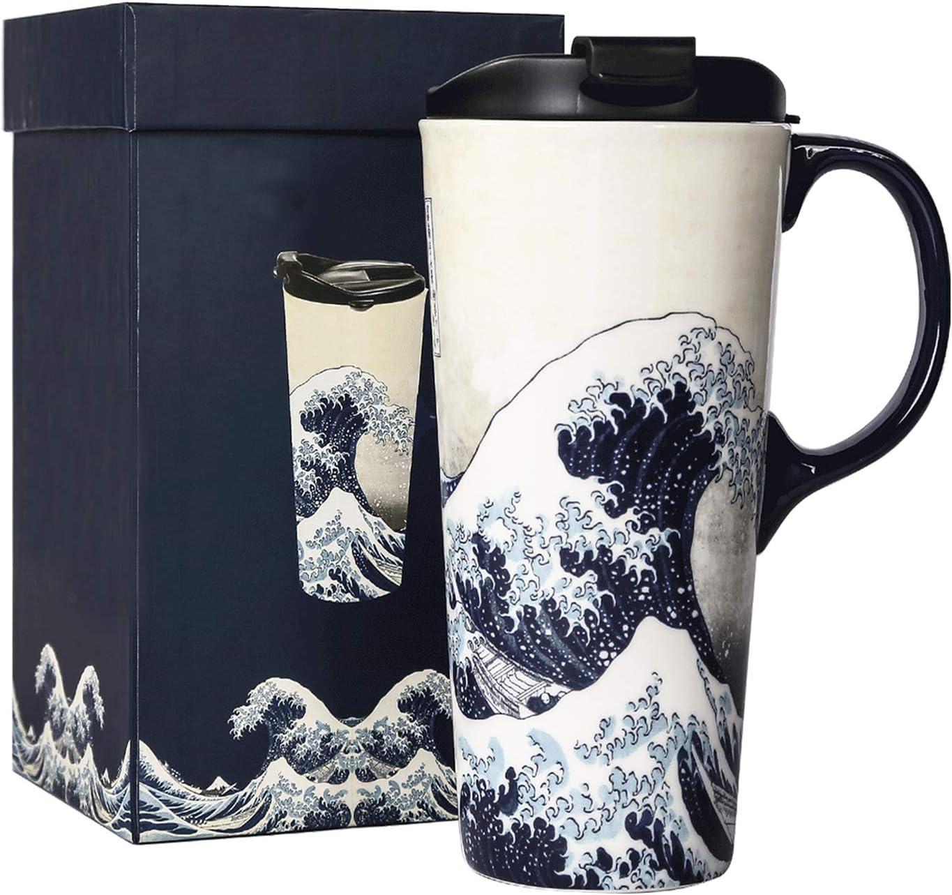 Ceramic Travel Mug with Wave Design and Lid, 17 Oz