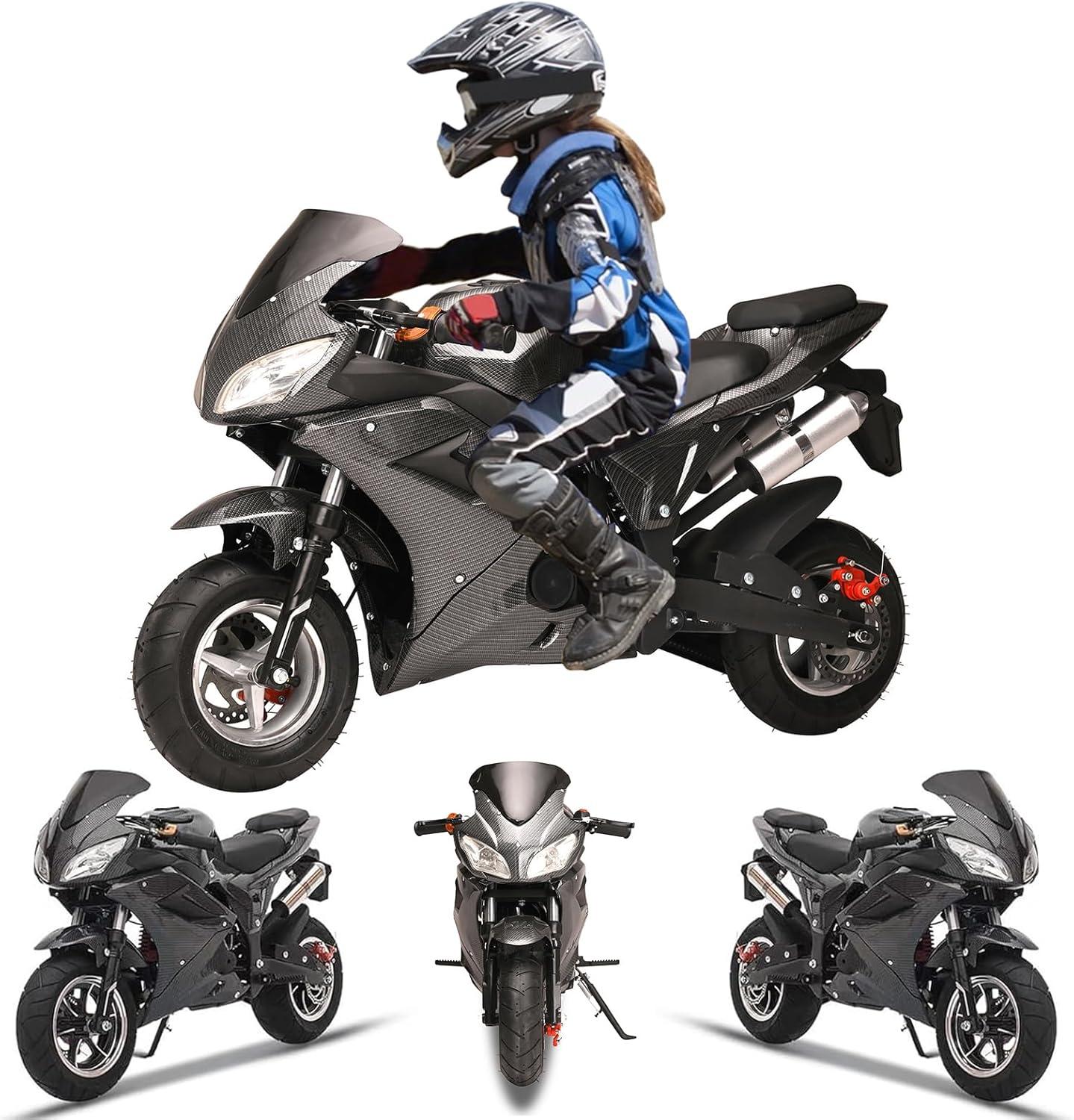 Mini Pocket Bike Motorcycle 49cc 4-Stroke Gas Bike Motorbike with Front Rear Disc Brakes, Gas Pocket Motorbike Racing Max Speed 25MPH, Dual Headlights Black