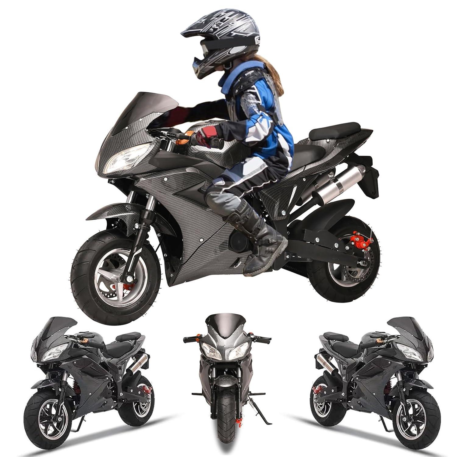 Mini Pocket Bike Motorcycle 49cc 4-Stroke Gas Bike Motorbike with Front Rear Disc Brakes, Gas Pocket Motorbike Racing Max Speed 25MPH, Dual Headlights Black