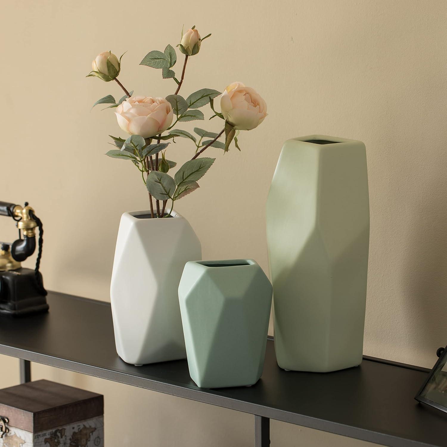 Uniquewise Decorative Ceramic Multi Paned Vase, Modern Style Centerpiece Table Vase Set of 3, Beige Large, White Medium, And Green Small