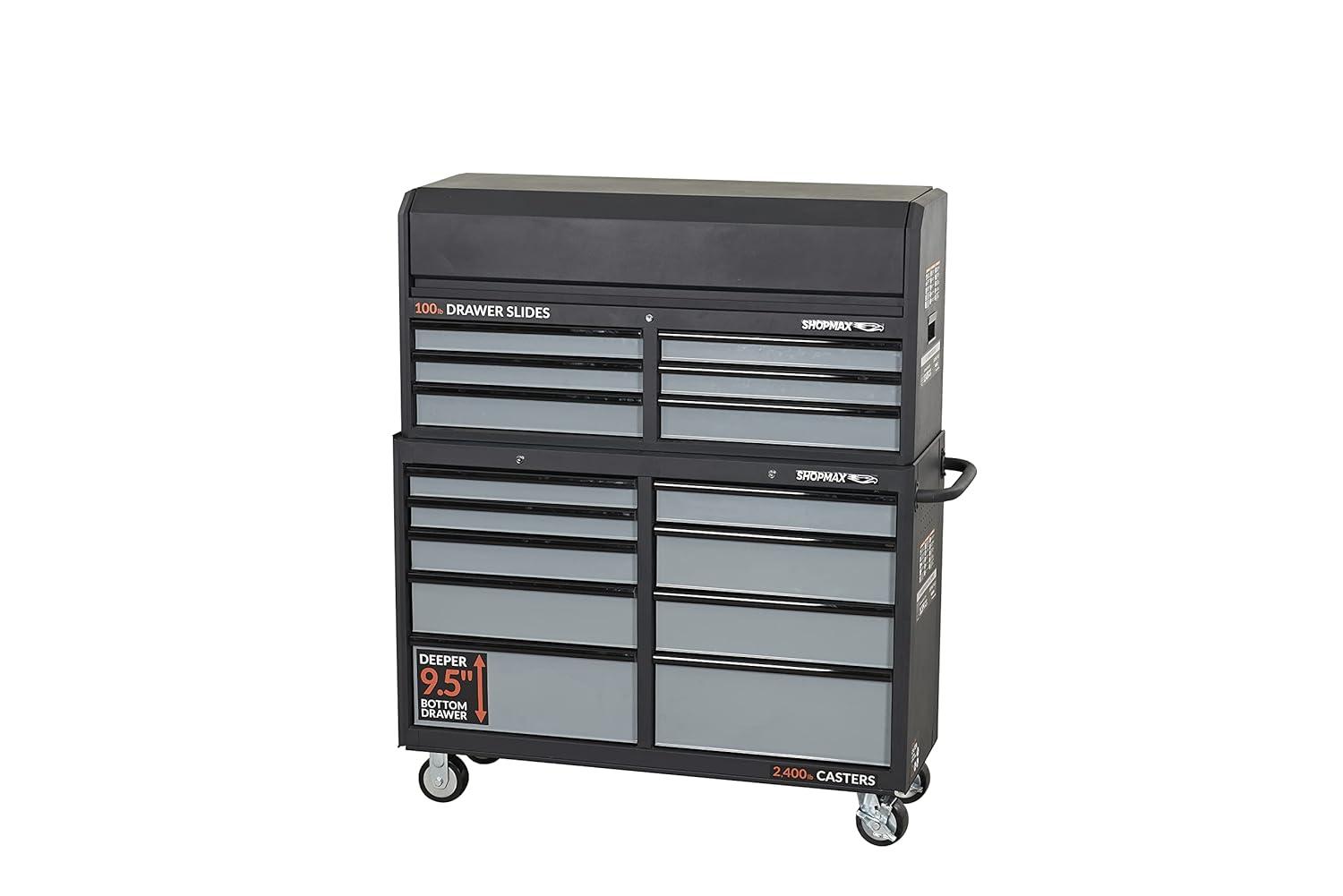SHOPMAX, 100 lb, 52" Steel 15-Drawer Tool Chest and Rolling Cabinet Black