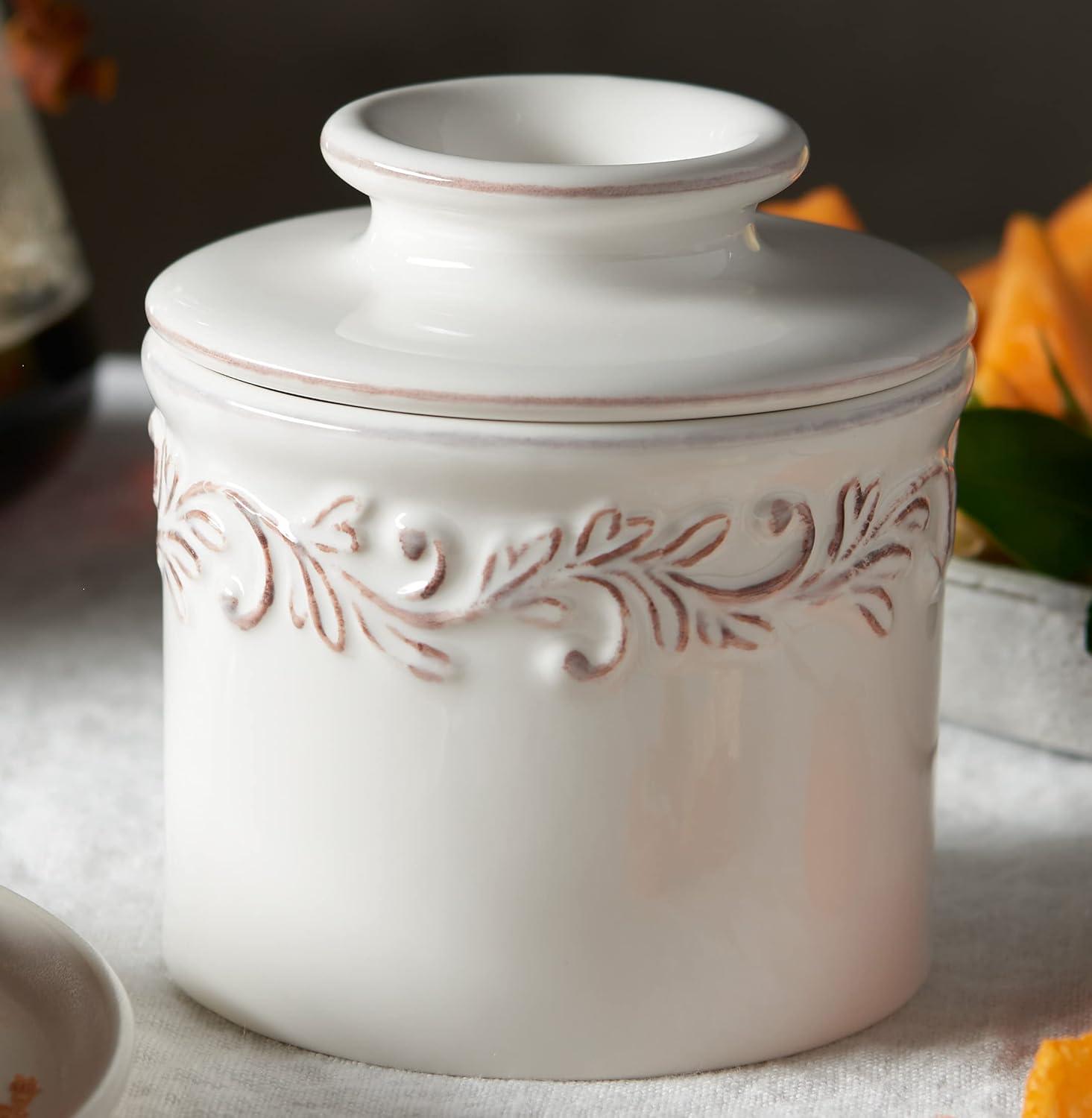 Antique White Ceramic Butter Bell Crock with Embossed Design