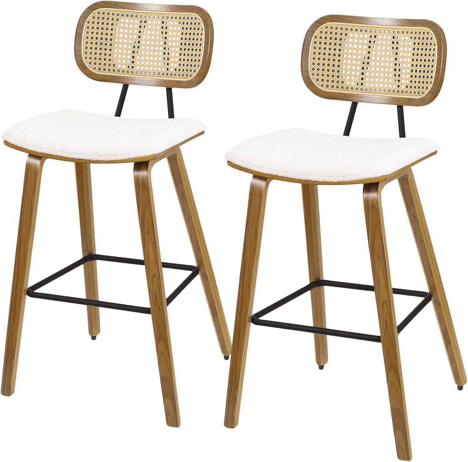 Counter Height Bar Stools Set of 2, Mid Century Modern Counter Stools, 26" Wood Kitchen Stool Boucle Fabric Upholstered Barstool with Rattan Back, Counter Height Island Dining Bar Chair, White