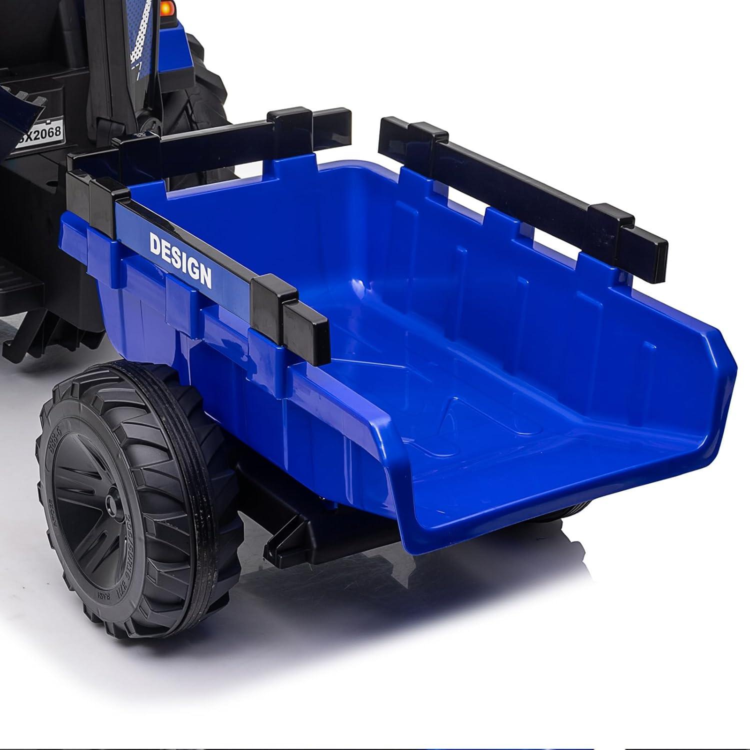 Blue 24V 3-in-1 Ride-On Tractor with Trailer and Shovel