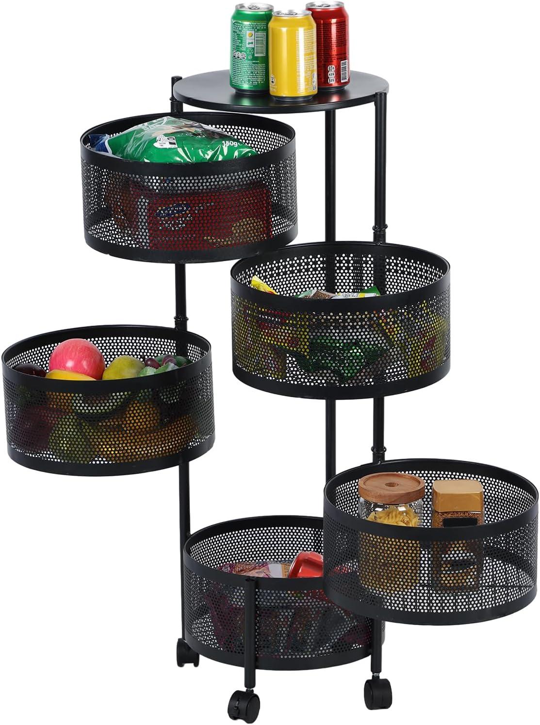 Kitchen Storage Cart,5 Tier Circular Rotating Basket,Large Storage Rack with 360 Degree Wheels