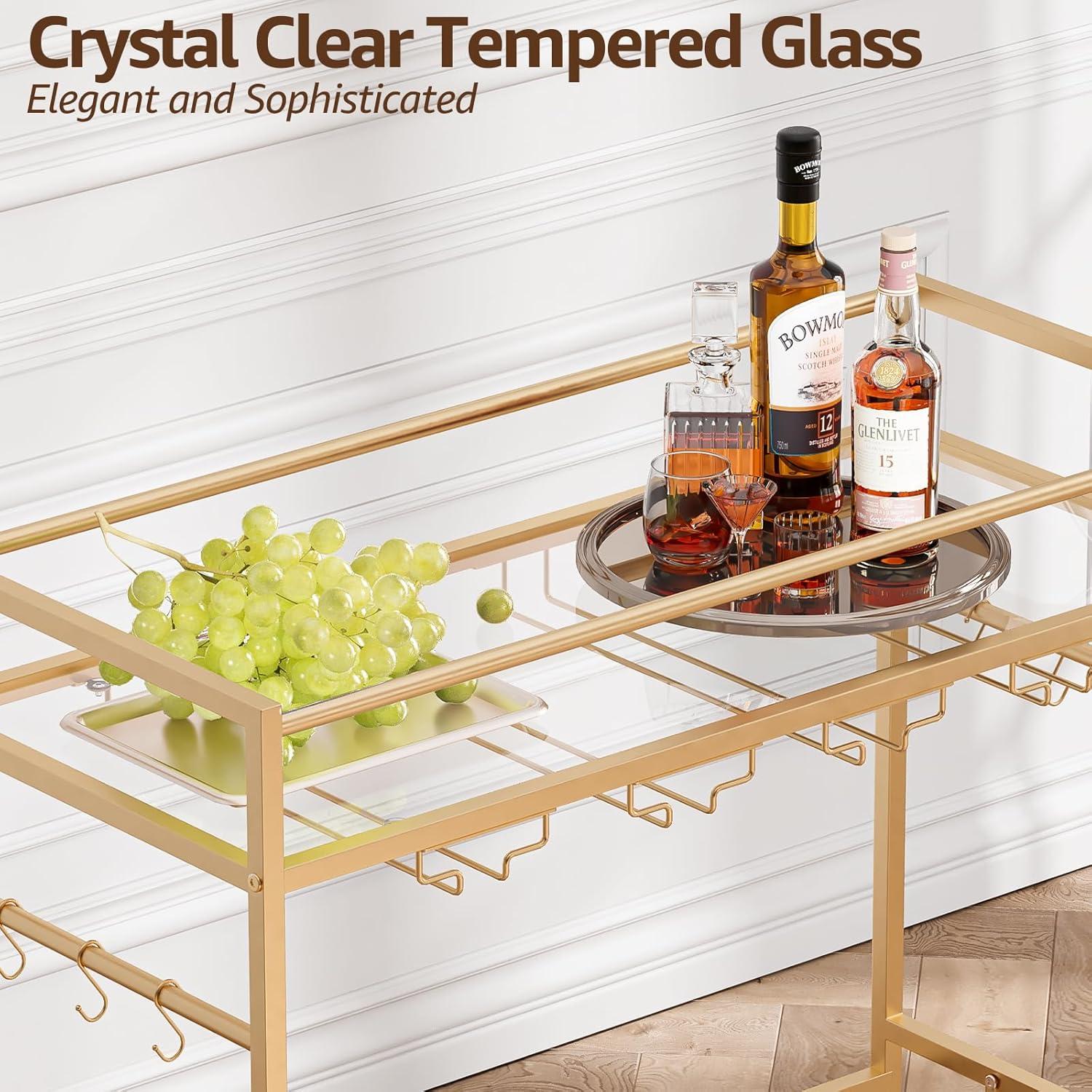 Gold Mirrored Glass Bar Cart with Wine Rack and Storage