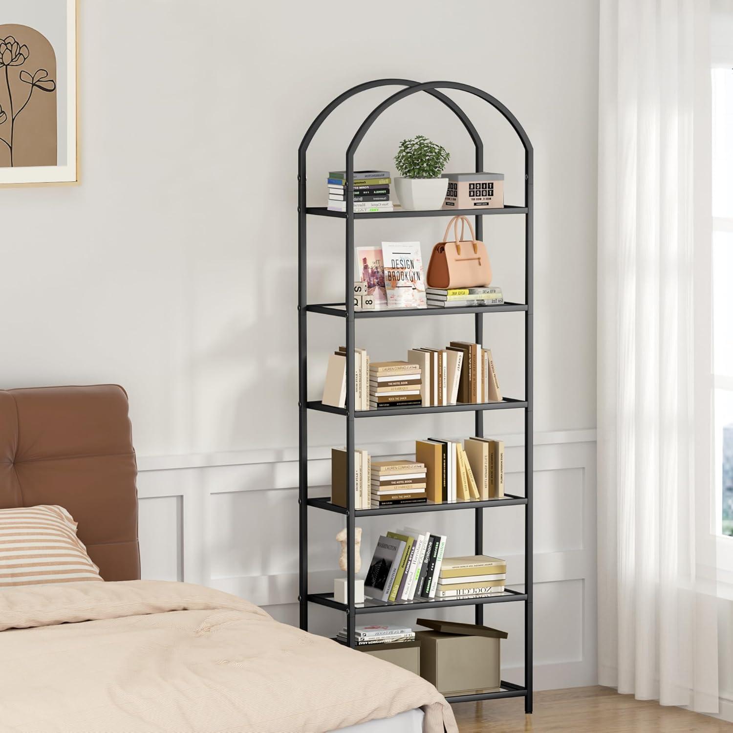 Bookcase Bookshelf, Tempered Glass Arched Bookshelf for More Storage, Slim Shelving Unit for Bedroom, Bathroom, Home Office, Steel Frame, 6 Tier Black BC20699B