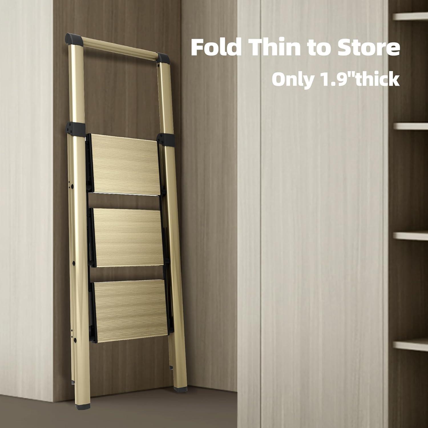 WFX Utility™ 3-Step Foldable Aluminum Ladder With U-Shape Handgrip, Anti-Slip Wide Pedals, 330 Lbs Capacity, Lightweight & Portable For Home, Kitchen, Office