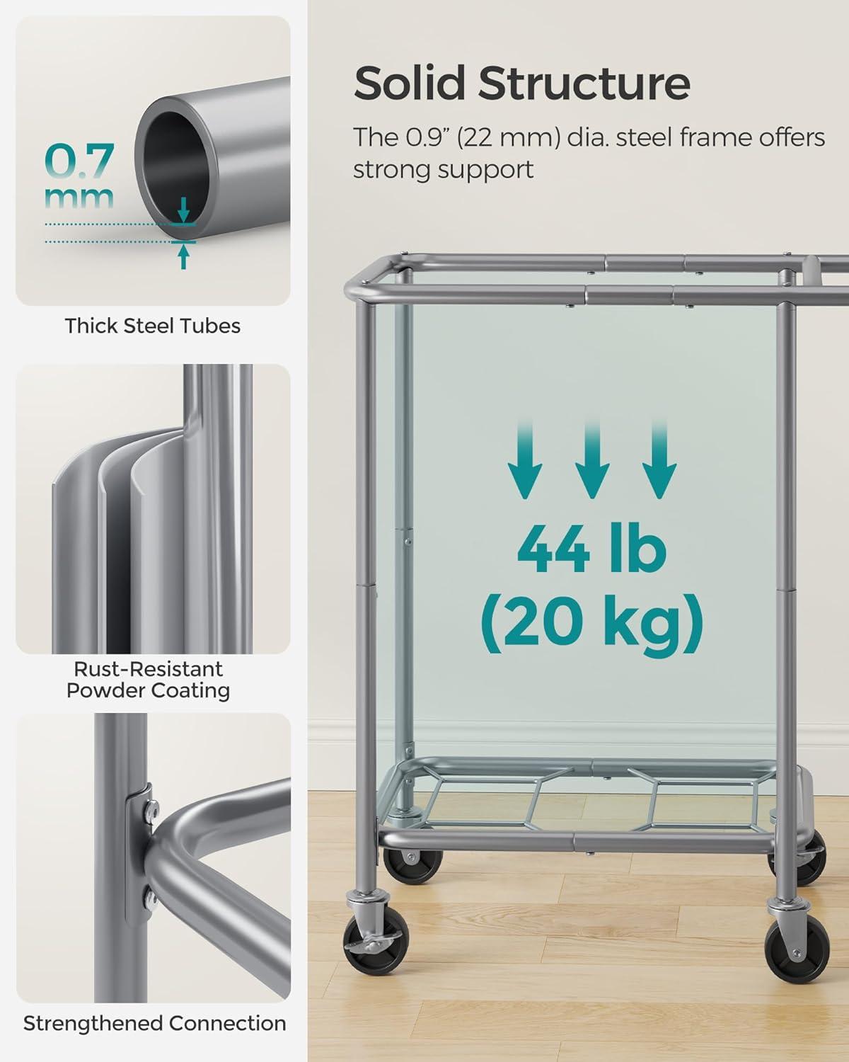 SONGMICS Laundry Basket with Wheels, 2-Section Rolling Laundry Hamper, 37 Gallons (140 L), Removable Liner, Steel Frame with Handle, 27.2 x 15.4 x 31.9 Inches, Cream White URLS004W01