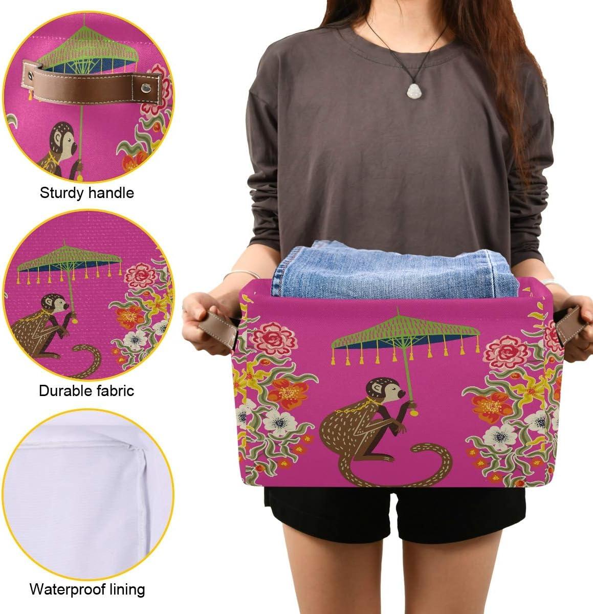 Storage Basket Cube Vintage Monkey Chinoiserie Umbrella Large Collapsible Toys Storage Box Bin Laundry Organizer for Closet Shelf Nursery Kids Bedroom,15x11x9.5 in,2 Pack