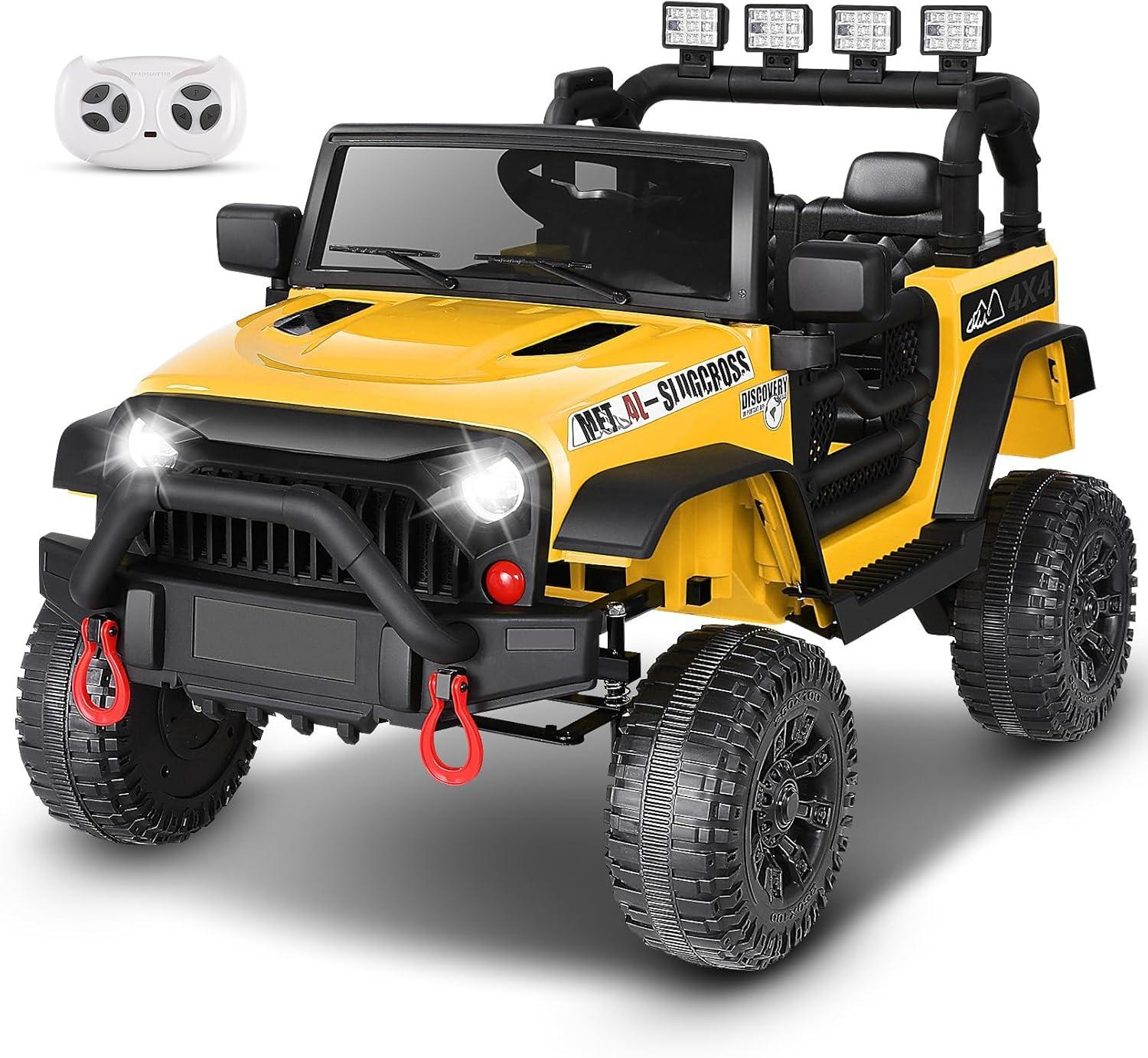 24V Electric Ride on Jeeps for Kids, Ride On Car Truck with Remote Control, Battery Power Car Wheels for Kids w/LED Lights, Bluetooth, Music, 3 Speeds, 24 Volt Ride on Toys for Boys and Girls