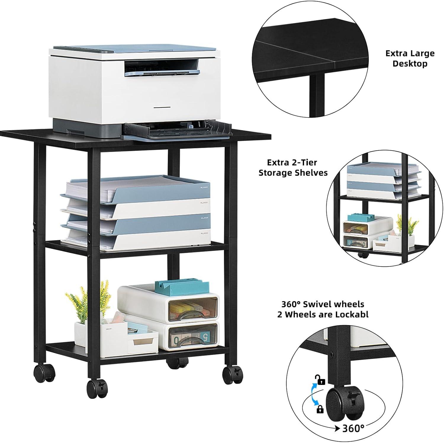 Lerliuo 3-Tier Printer Stand, Industrial Mobile Printer Table with Storage Shelf and Steel Frame, Rolling Printer Cart Holder with Lockable Wheels for Home, Office (Black)