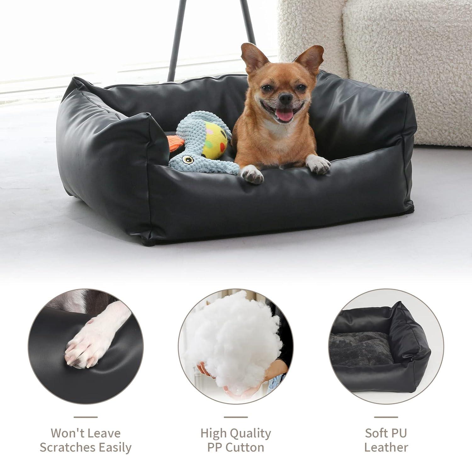 Jadona Dog Bed Waterproof&Anti-odour Dog sofa, for Small and Medium Dogs, Cat, PU Leather Rectangle Pet Bed. Black Color (Small)